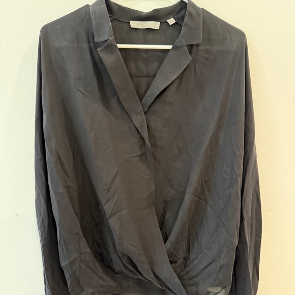 VINCE. - Black 100% Silk Drape Front Long Sleeve Blouse, Size 10 - Picture 1 of 3